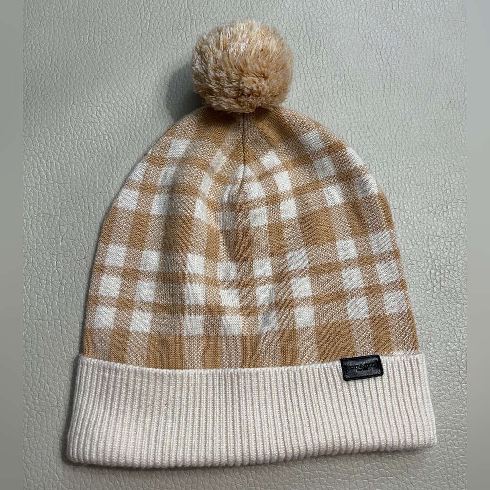 Coach Women’s Wool Blended Plaid Pom Pom Beanie